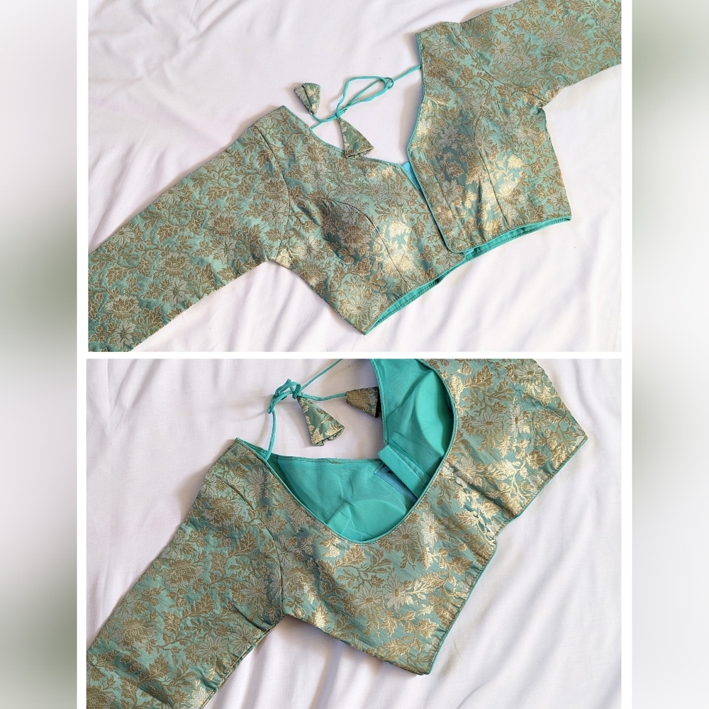 NWOT beautiful long sleeves mint crop top choli blouse for saree or lehenga.